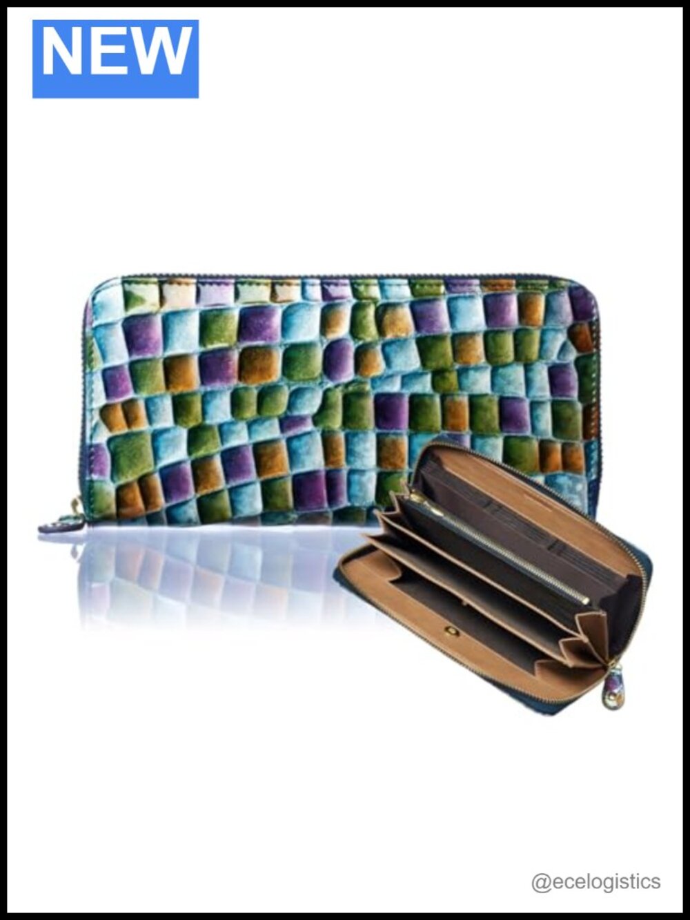 Hand Painted Italian Cowhide Long Wallet, 12 Card Slots, Envelope Zip Closure